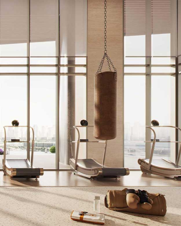 Fitness-Zone Full Fledge Gymnasium with all sort of workout equipments having full facade glass panels to enjoy sea view