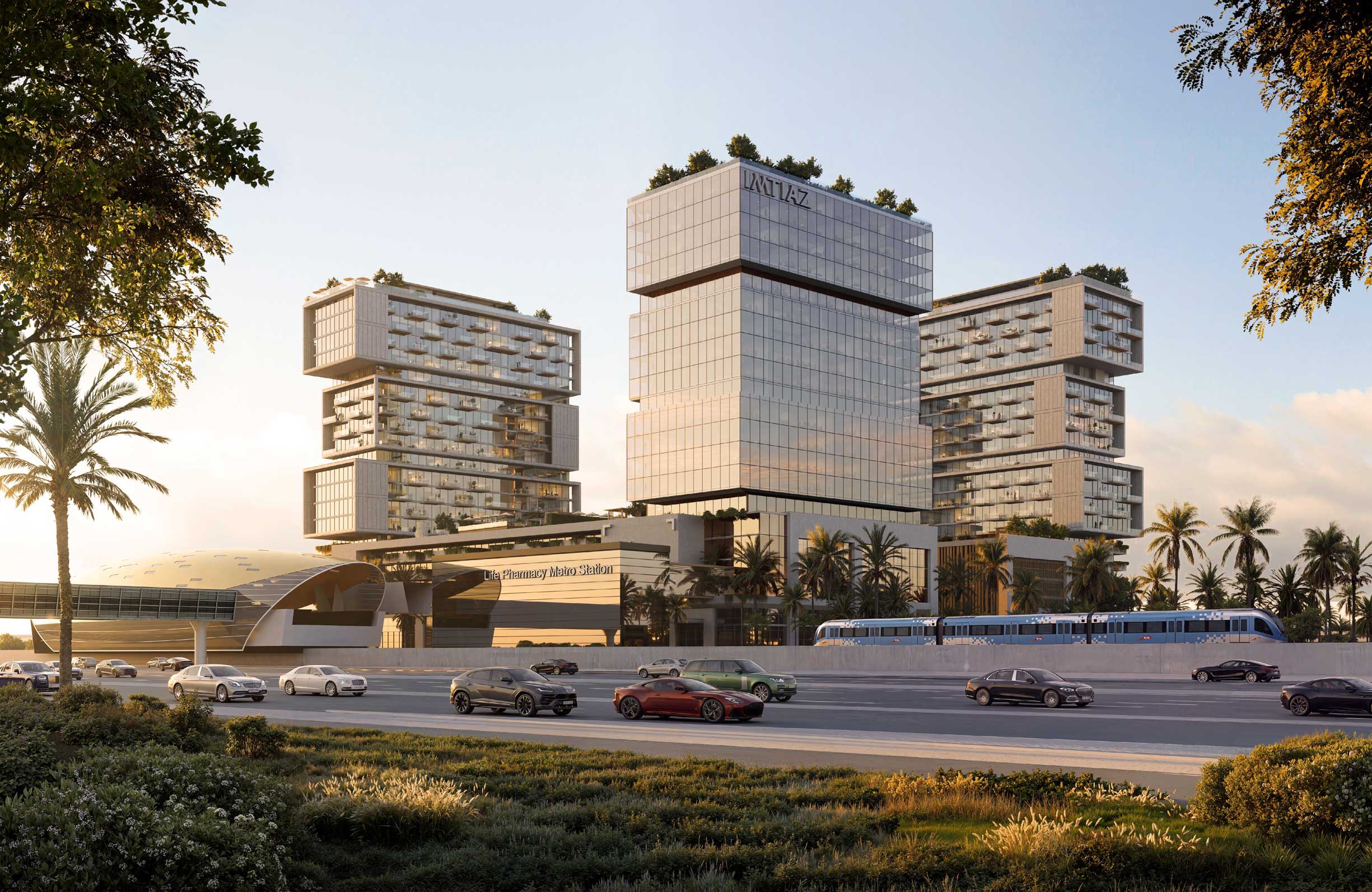 View of RAW District by Imtiaz along Sheikh Zayed Road in Jebel Ali with Life Pharmacy metro next door.