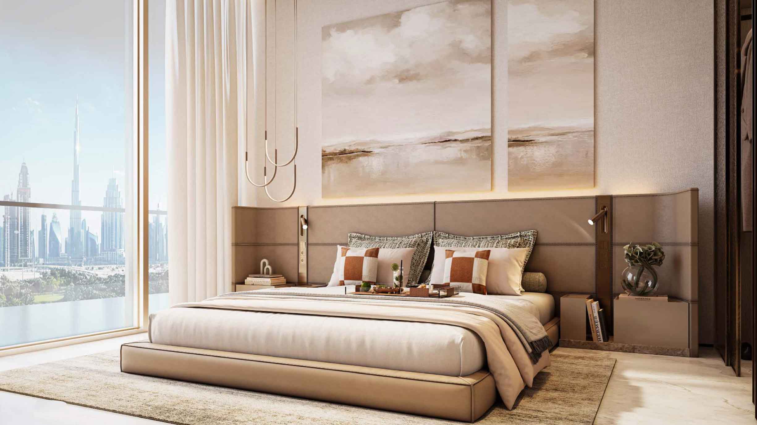 The-Relaxing-Retreat Master Bedroom with Balcony Overlooking the Dubai Skyline and Arabian Gulf at Sea Cliff Imtiaz